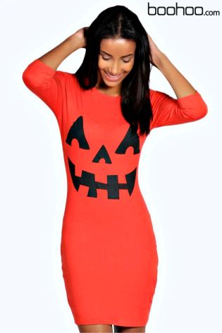 Boohoo Pumpkin Print Halloween Bodycon Dress